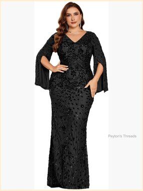 Plus Size Sequin V-Neck Cape Sleeve Maxi Dress Formal Wedding Party